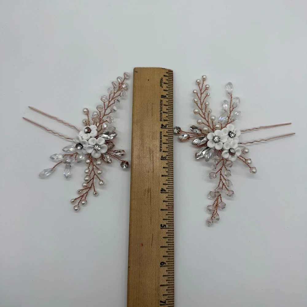 Bridal Flower Hair Pins Rose Gold Wedding Crystal Pearl Floral Hair‎ Clips Set 2